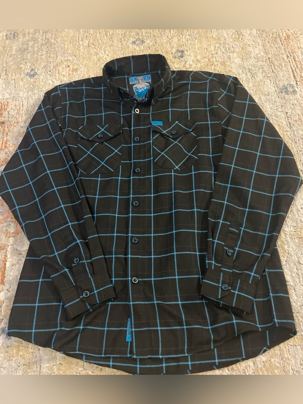 Dixxon Cyanide Flannel Shirt Mens Large Blue Black Plaid Long Sleeve Button Down
